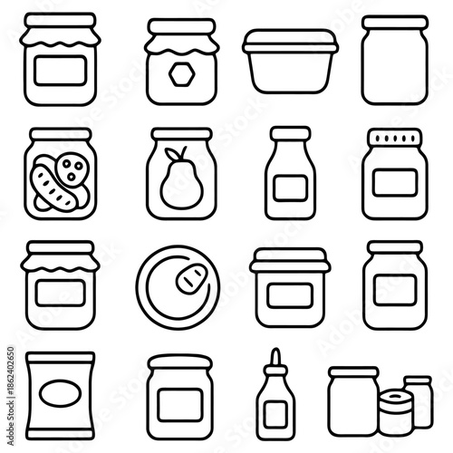 Assortment of Preserved Foods in Glass Jars and Containers: A detailed monochrome illustration showcases an assortment of glass jars and containers, meticulously filled with various preserved foods.