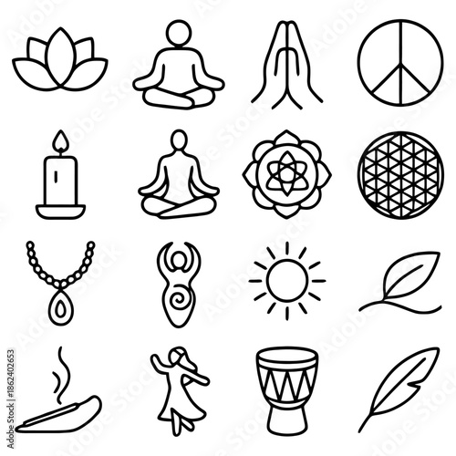 Tranquil Symbols of Serenity: A collection of simple, elegant icons representing the elements of mindfulness, inner peace, and spiritual well-being.