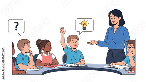Interactive classroom learning experience A supportive teacher encourages diverse students to actively participate, raising hands to share innovative ideas and ask questions