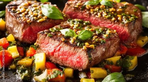 Sliced steaks with herb and vegetable garnish