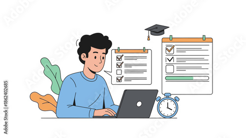 Dedicated student engaged in online learning and exam preparation, utilizing digital tools for effective study management and academic success