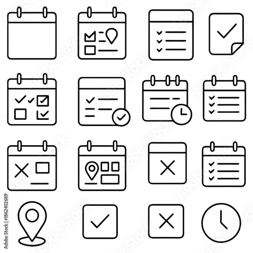 Calendar Icon Collection: A collection of simple, minimalistic calendar icons in a clean, modern style, perfect for web and app design.