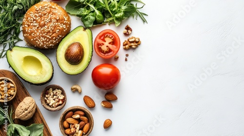 Healthy meal ingredients arranged on white surface