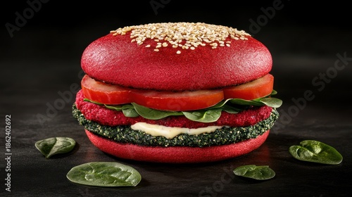 Vibrant red bun, veggie burger, fresh toppings
