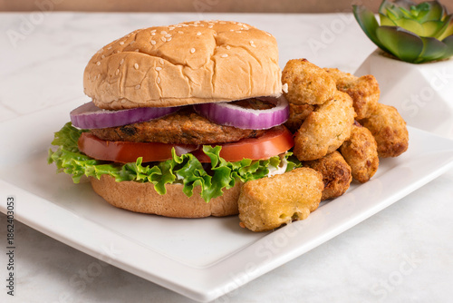 veggie burger  with veggie tots