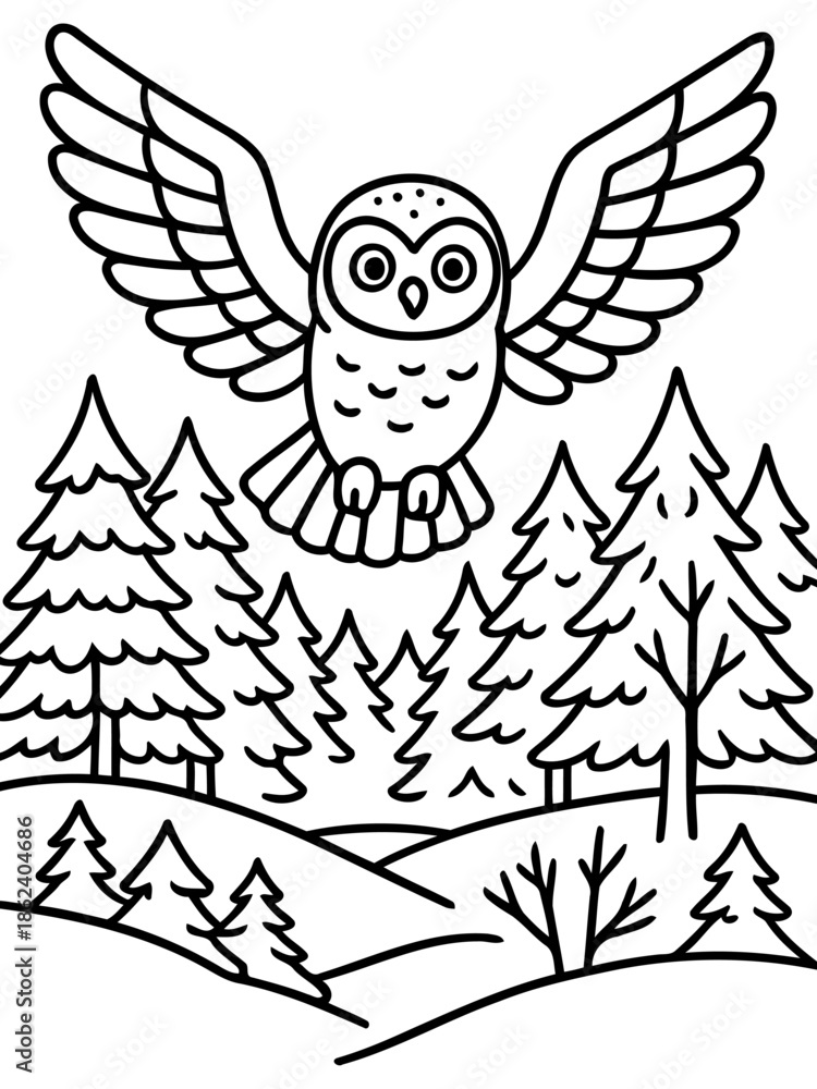 Obraz premium Soaring Owl in Forest: A majestic owl with spread wings soars gracefully above a tranquil forest of evergreen trees. A symphony of nature's simple beauty.