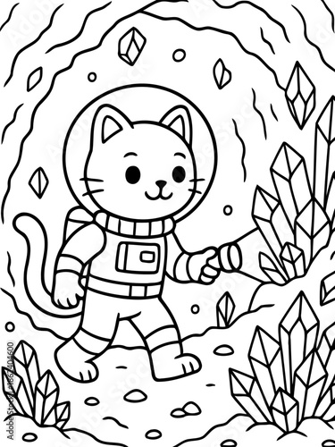 Astronaut Cat's Stellar Adventure: An astronaut cat explores a cave filled with glowing crystals, ready to embark on an extraterrestrial adventure. 