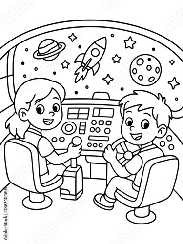 Cosmic Explorers' Adventure: Two young adventurers, full of smiles and curiosity, pilot their spaceship towards the stars, their eyes fixed on the wondrous cosmos beyond.