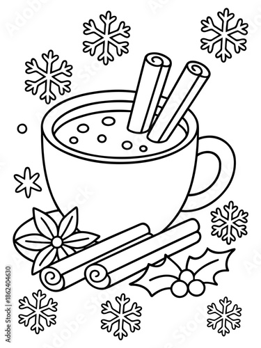 Cozy Winter Beverage: Illustration of a warm beverage, nestled amongst winter snowflakes, cinnamon sticks, and star anise, evoking the comforting essence of a festive season.