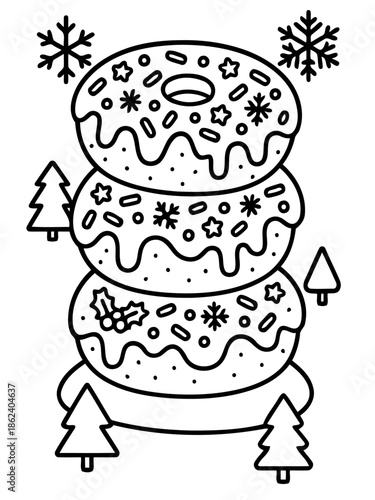 Festive Sweet Stacks: A delicious stack of adorned donuts, each a testament to holiday cheer. Nestled within, playful snowflakes and evergreen trees add to the wintry scene's charm.