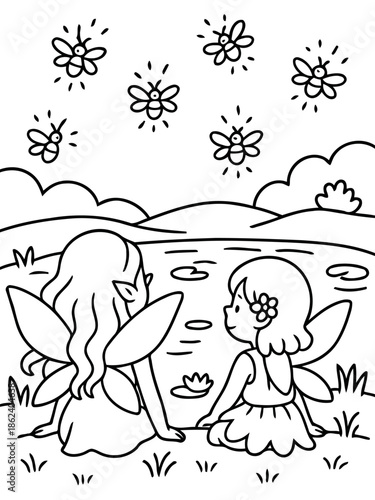 Enchanted Gaze: Two mystical fairies observe radiant fireflies above a tranquil pond, witnessing nature's captivating display of wonder.