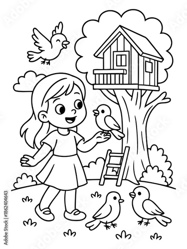 Nurturing Bonds: A young girl, bathed in the soft glow of the sun, shares a tender moment with a collection of playful birds around a charming treehouse.
