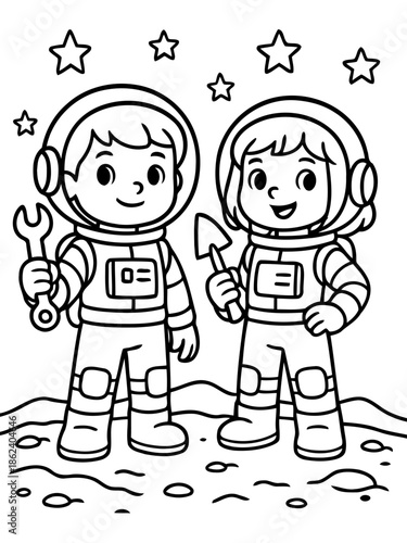 Astronaut Duo on Lunar Surface: Two cheerful astronauts stand ready for exploration, equipped with essential tools and stars twinkling in the inky blackness above.