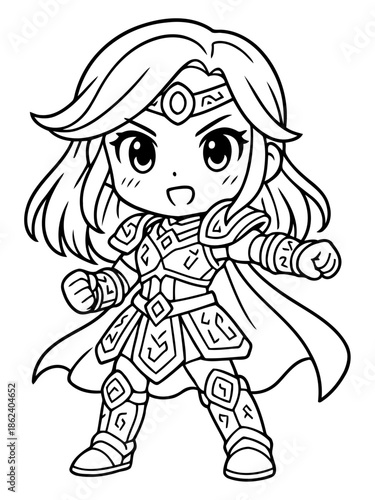 Heroine warrior, Illustration: Bold line art illustration of a powerful female warrior, exuding strength and determination. Captures the essence of fantasy and valor in a dynamic pose.