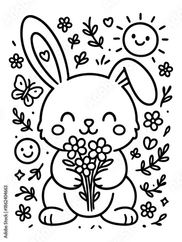 Whimsical Bunny with Blooms: A charming illustration depicts a sweet bunny, clutching a bouquet of flowers amidst a playful array of floral and sunny elements, radiating joy and spring.
