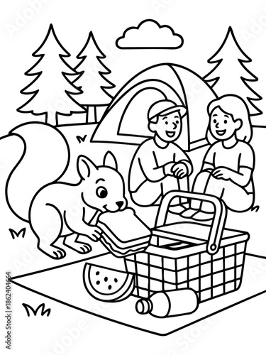 Picnic Scene: A charming illustration depicts a delightful picnic scene. A cute squirrel and two people enjoy their lunch with a picnic basket, tent and the forest background.