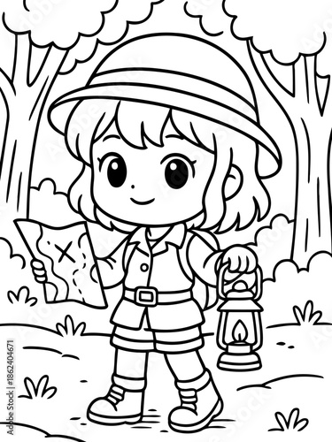 Adventure Seeker's Quest: An adorable explorer, adorned in expedition attire, embarks on a thrilling adventure, map and lantern in hand, navigating through an enchanting, illustrative realm.