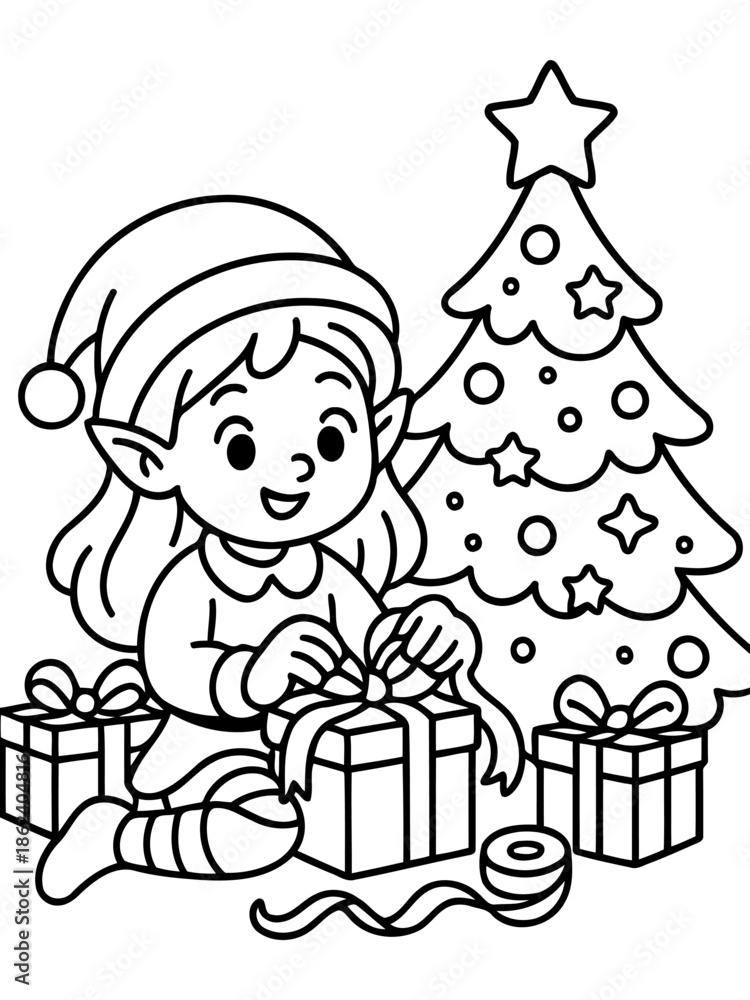 Naklejka premium Elf Preparing Christmas Gifts: A cheerful elf, with a pointy ear and a festive hat, is meticulously wrapping presents beside a decorated Christmas tree.