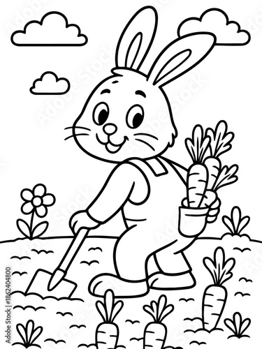 Bunny in Garden: A cartoon bunny cultivates garden, holding carrots while tending to crops with gardening tool. An idyllic scene, showcasing the sweetness of nature and simple living. 