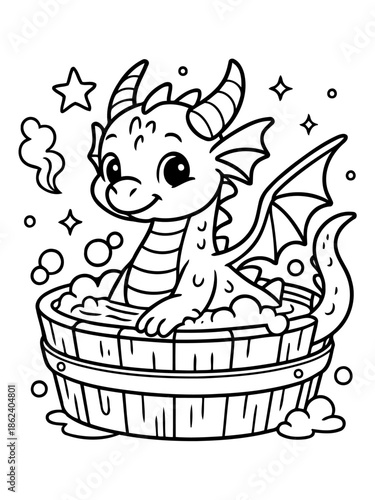 Bathtime Bliss: A cheerful cartoon dragon enjoys a relaxing bubble bath in a wooden tub, surrounded by playful bubbles and stars.