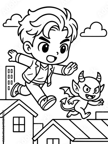 Escaping the Shadows: A spirited cartoon figure leaps across rooftops, pursued by a mischievous imp, against a playful cityscape background.