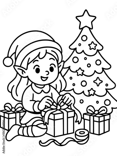 Elf Preparing Christmas Gifts: A cheerful elf, with a pointy ear and a festive hat, is meticulously wrapping presents beside a decorated Christmas tree.