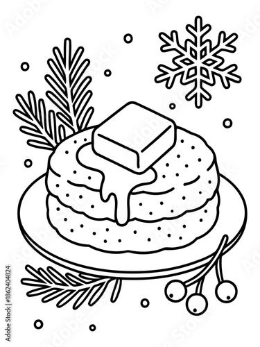 Festive Delight: A captivating line drawing showcasing a stack of pancakes, adorned with a pat of butter, set amidst wintery sprigs and a snowflake. Capturing the cozy warmth of winter.