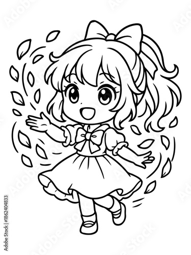 Anime Girl's Joyful Dance: An adorable anime girl, filled with innocent joy, dances amidst a whimsical swirl of leaves, exuding charm and delight.