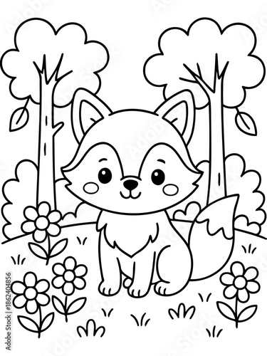 Fox in the Forest: An adorable fox, with a fluffy tail and endearing gaze, is set in a serene forest, surrounded by tall trees and delicate flowers.