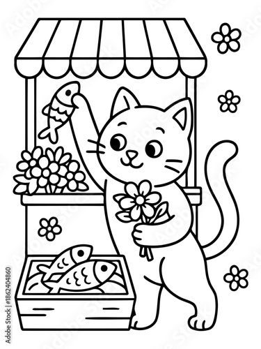 Cat with Fish and Flower at Market: A playful cartoon depicts a cheerful cat at a market stall, offering a fresh fish and holding a bouquet of flowers, ready to serve customers with a smile.
