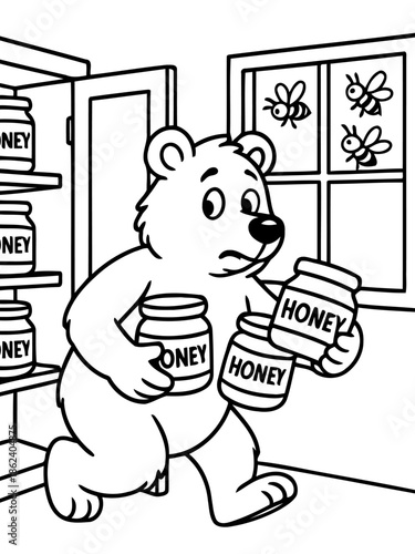 Bear and Honey Adventure: A cute illustration captures a curious bear's dilemma, holding several jars of honey while eyeing the tempting buzzing bees outside a window.
