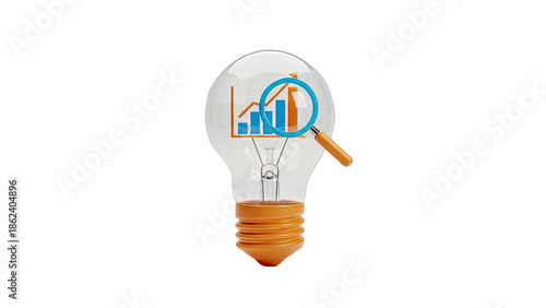 Lightbulb with Growing Bar Chart and Magnifying Glass