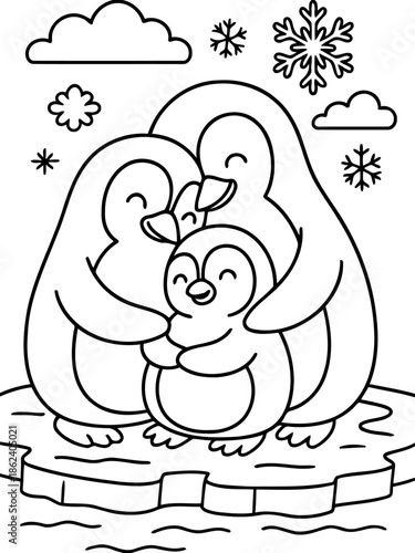 Penguin Family Embracing in Winter: A heartwarming illustration of a penguin family, a testament to familial love, standing on a cold icy surface under a snowy sky.