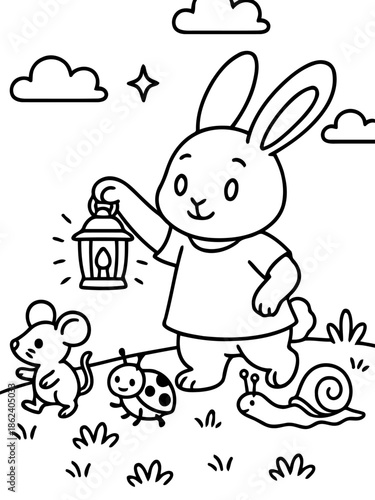 Bunny's Guided Evening Walk: The heartwarming illustration of a rabbit cheerfully leading a mouse, ladybug and snail during a night stroll. The rabbit carries a lantern