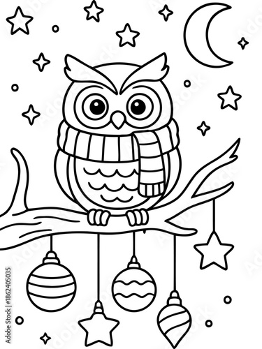 Night Owl's Festive Serenade: An adorable owl with a cozy scarf perches on a branch adorned with ornaments, serenading a night sky filled with stars and a crescent moon.  
