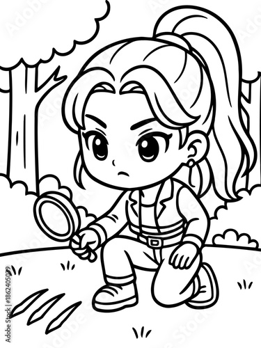 Detective’s Clues: A determined detective, armed with a magnifying glass, meticulously examines clues in a forested setting, focused on unravelling a mystery.
