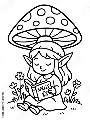 Enchanted Reader: A sweet elf, nestled under a mushroom, delves into a spellbook amidst a field of flowers, lost in the world of magic.