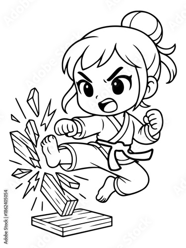Karate Girl Breaks Board: A dynamic illustration depicts a determined karate girl executing a powerful kick, shattering a wooden board with precision and skill.