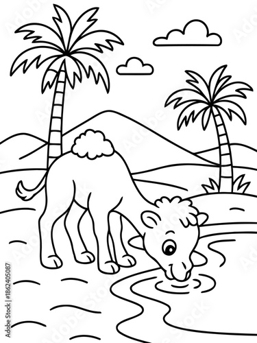 Camel in Oasis Scene: An outlined depiction of a camel drinking from a water source in an oasis, with palm trees and rolling hills in the backdrop, offering a glimpse into the desert's allure.