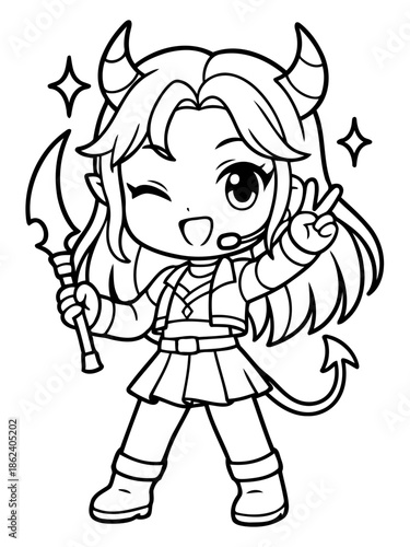 Chibi Anime Demon Girl: A delightful and playful anime demon girl, exuding charm and mischief with her unique horns, mischievous grin, and confident pose, holding a weapon and flashing a peace sign.