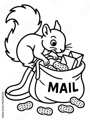 Whimsical Squirrel's Mailbag: A charming illustration depicts a squirrel enthusiastically sorting through a mailbag overflowing with peanuts and letters, adding a touch of humor and delight.