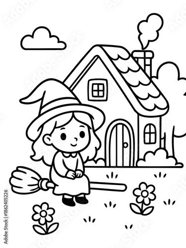 Whimsical Witch and House: A charming illustration depicts a sweet witch, adorned with a pointy hat, merrily seated on a broom, floating in front of her quaint, cozy home amidst flowers and clouds.