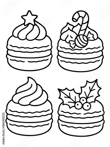 Delightful Macarons: A charming, hand-drawn illustration showcases four intricately decorated macarons, each adorned with unique festive toppings and fillings.  