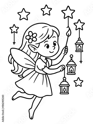 Fairy's Celestial Dance: A whimsical fairy, adorned with delicate wings and a radiant aura, elegantly orchestrates a celestial display, accompanied by glowing lanterns and twinkling stars.