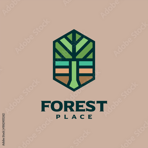 Vector logo on which an abstract image of a tree and different geometric shapes 