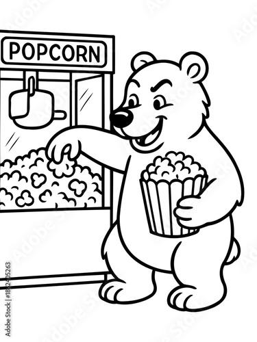 Popcorn Pleasure: A happy bear indulges in the delightful aroma and taste of freshly made popcorn, reaching for a handful from the popcorn machine.
