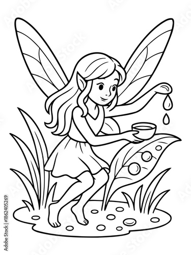 Enchanting Fairy in Nature's Embrace: A delicate fairy, with gossamer wings and flowing hair, delicately pours a glistening liquid into a small bowl amidst lush greenery and serene environment.