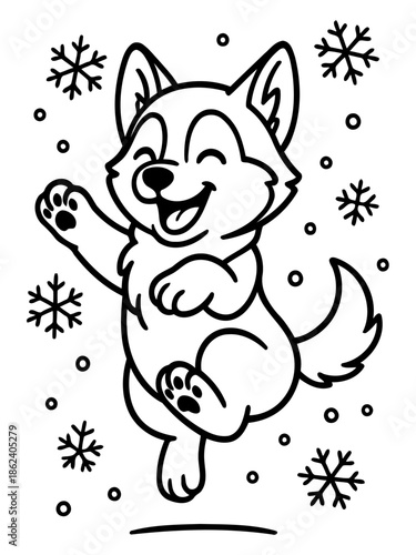 Playful puppy in a snowy landscape: A charming illustration shows a happy puppy joyfully leaping in a flurry of snowflakes, capturing the essence of winter wonder.