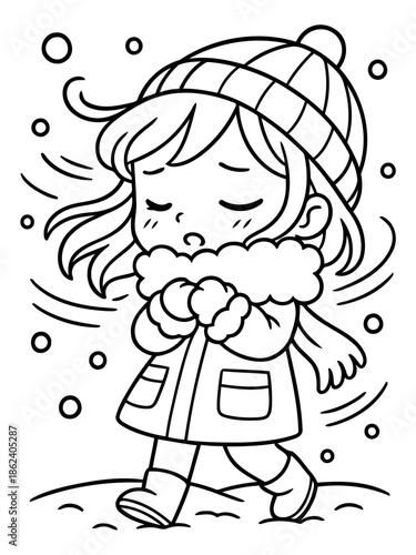 Chilly Winter Stroll: A cartoon captures the essence of winter's bite as a bundled-up girl braves the cold, her breath visible and cheeks flushed with cold.
