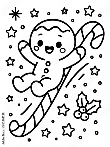 Gingerbread Man’s Candy Cane Ride: An enchanting illustration of a gingerbread man joyfully gliding on a candy cane amidst a flurry of stars and festive elements, ideal for evoking holiday cheer.